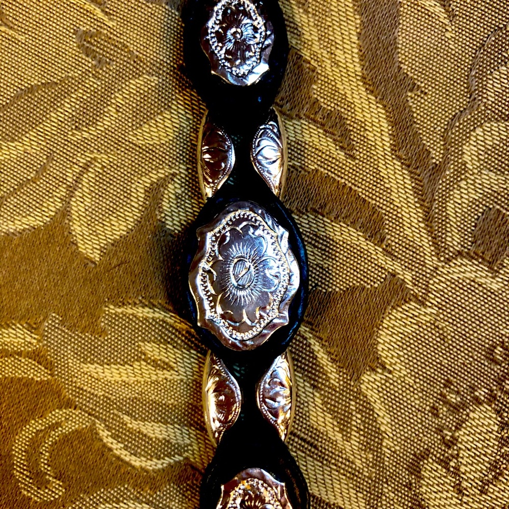 Vintage black leather bracelet with silver color conchos